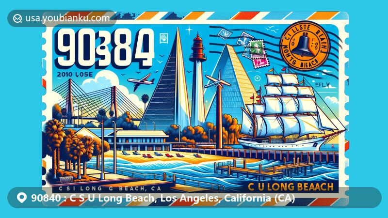 Modern illustration of the 90840 area in Long Beach, California, featuring CSULB's Walter Pyramid, RMS Queen Mary, Lions Lighthouse, and Aquarium of the Pacific, designed as a vibrant postcard with postal elements like stamps and postmark.