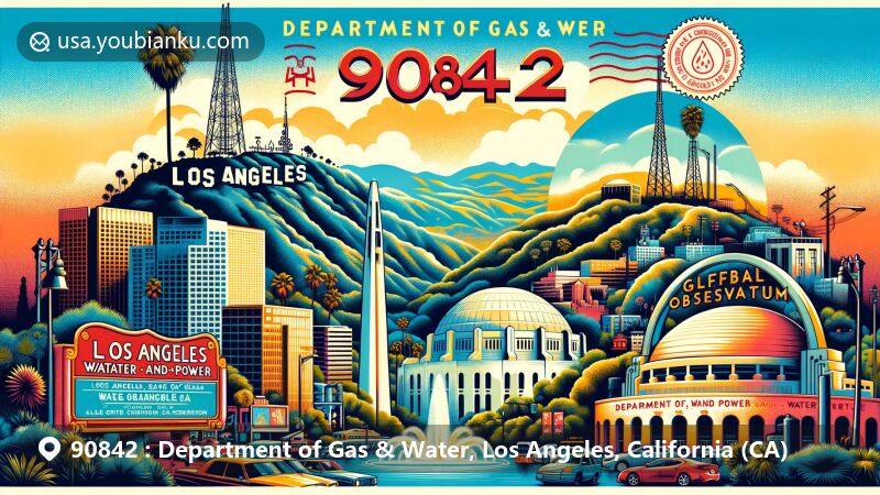 Modern illustration of Los Angeles Department of Gas & Water, ZIP code 90842, featuring iconic landmarks like Hollywood Sign, Griffith Observatory, and LA Memorial Coliseum, with water and power themes incorporated.