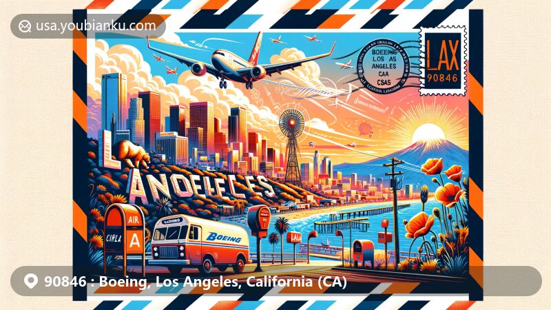 Modern illustration of Boeing, Los Angeles, California (CA), showcasing iconic landmarks like the Hollywood Sign, Griffith Observatory, and Santa Monica Pier, integrated with California symbols and a stunning sunset backdrop.