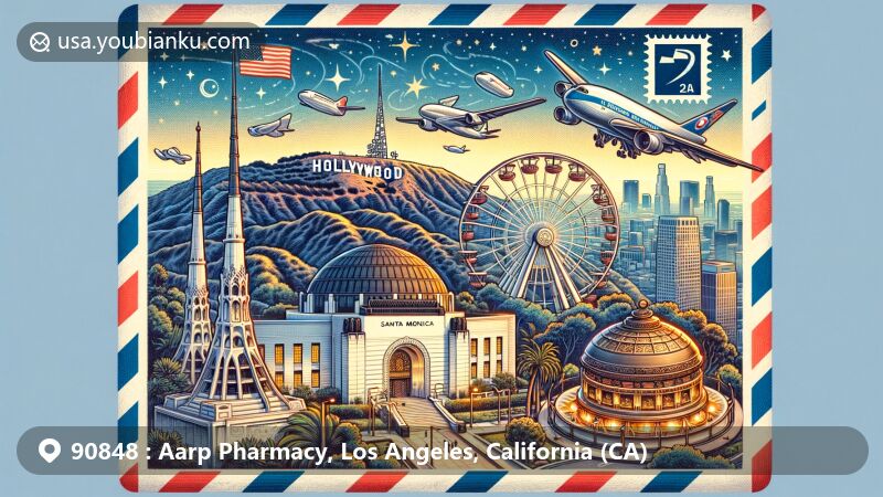 Modern illustration showcasing Los Angeles landmarks with postal themes, including Hollywood Sign, Griffith Observatory, Santa Monica Pier, Korean Friendship Bell, and Bradbury Building.