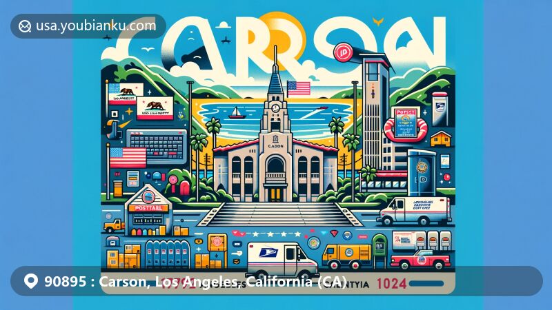 Modern illustration of Carson, Los Angeles County, California, with postal theme and ZIP code 90895, featuring city hall, state flag, city seal, and beach landscapes.