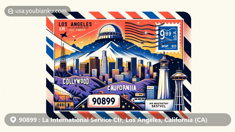 Modern illustration of a customized air mail envelope for ZIP Code 90899, featuring iconic Los Angeles landmarks like Griffith Observatory and Hollywood Sign, with a vibrant blend of postal and California state elements.
