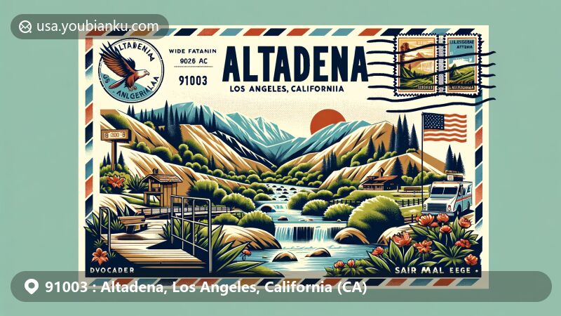 Modern illustration of Altadena, Los Angeles, California, capturing the scenic beauty of San Gabriel Mountains and Eaton Canyon Nature Center, merged with vintage postcard elements and ZIP code 91003.