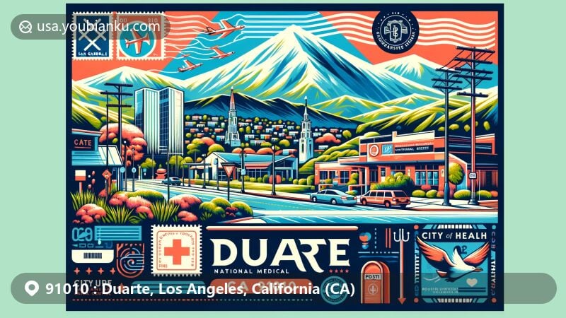 Modern illustration of Duarte, California, in Los Angeles County, showcasing postal theme with ZIP code 91010, featuring City of Hope National Medical Center and San Gabriel Mountains.