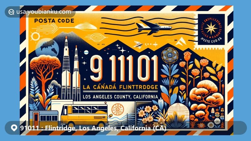 Modern illustration of La Cañada Flintridge, Los Angeles County, California, celebrating postal theme with ZIP code 91011, featuring Jet Propulsion Laboratory, Descanso Gardens, and California live oak tree.