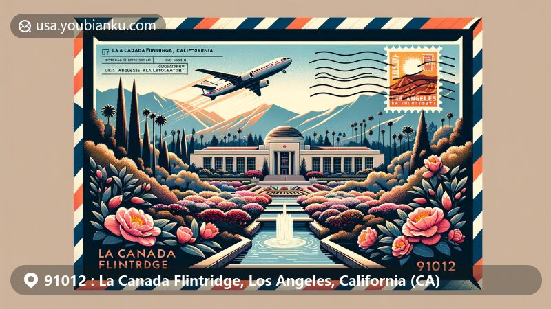 Artistic depiction of La Canada Flintridge, California, featuring air mail envelope with ZIP code 91012, showcasing Descanso Gardens, San Gabriel Mountains, Angeles National Forest, and Jet Propulsion Laboratory.