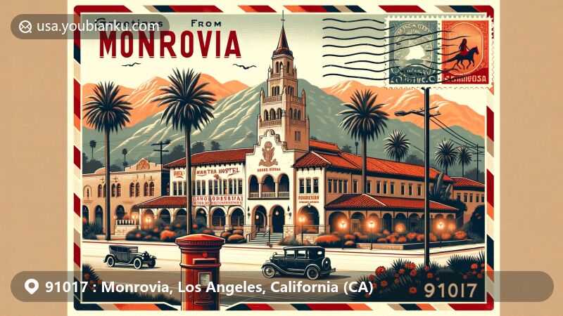Modern illustration of Monrovia, Los Angeles, California (CA), showcasing the historic Monrovia Historical Museum and iconic Aztec Hotel in a vintage postcard theme surrounded by palm trees and featuring the San Gabriel Mountains. Includes elements reflecting Monrovia's postal heritage like a retro stamp with the ZIP code 91017, a classic red mailbox, and a stylized retro font saying 'Greetings from Monrovia, California.' Vibrant design celebrating the outdoor leisure, historical landmarks, and community spirit of Monrovia.
