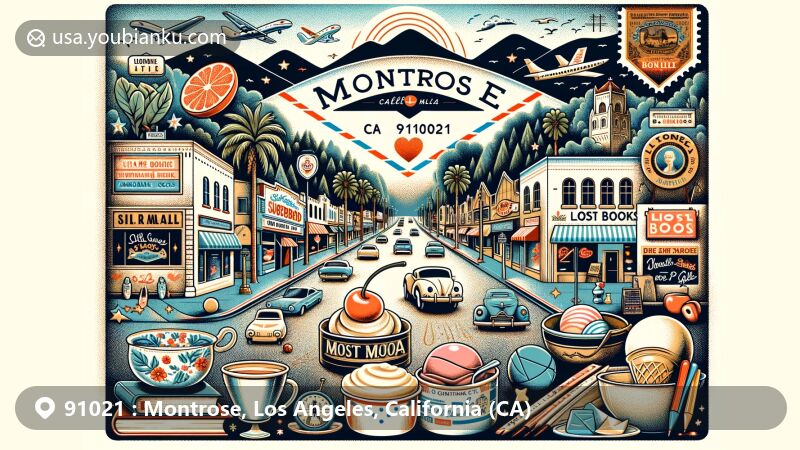 Modern illustration of Montrose, California, featuring iconic landmarks like Sugarbird Cafe, Lost Books bookstore, Moo Moo Mia Ice Cream shop, Montrose Bowl alley, and Black Cow Cafe, with whimsical elements like vintage postage stamp and California state flag.