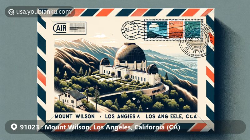 Modern illustration of Mount Wilson Observatory in Los Angeles, California, set within an air mail envelope with California state flag stamps, showcasing ZIP code 91023 and vintage postal cancellation mark.