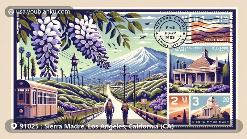 Modern illustration of Sierra Madre, Los Angeles County, California, capturing landmarks like the Wisteria Vine, Mount Wilson Trail, and Sierra Madre Playhouse, along with postal motifs and ZIP code 91025.