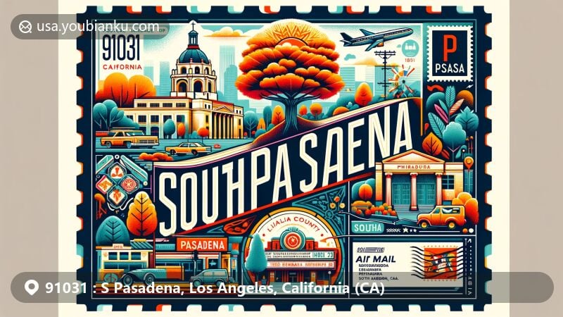 Modern illustration of South Pasadena, California, showcasing postal theme with ZIP code 91031, featuring Meridian Iron Works, Rialto Theater, Wynyate mansion, redwood and sequoia trees.