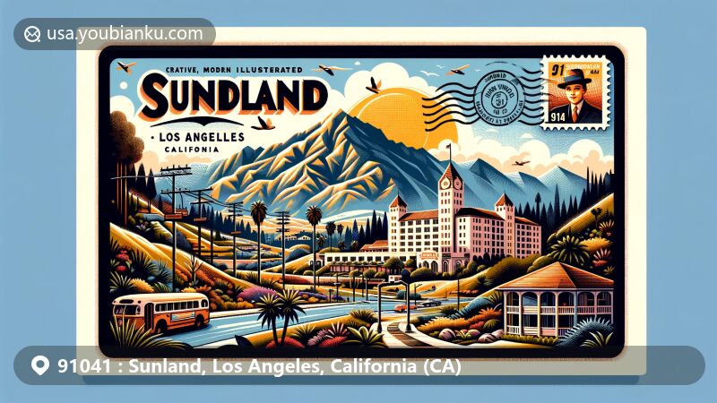 Modern illustration of Sunland, Los Angeles, California, showcasing the Verdugo Mountains, Mediterranean climate, and historic Monte Vista Hotel, with postal elements such as a postmark, stamp, and ZIP code 91041.