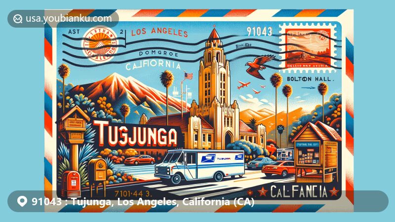 Creative illustration of Tujunga, Los Angeles, California, featuring postal theme with Bolton Hall, Verdugo Mountains, airmail envelope design, California state flag stamp, ZIP Code 91043, postmark, mailbox, and postal van.