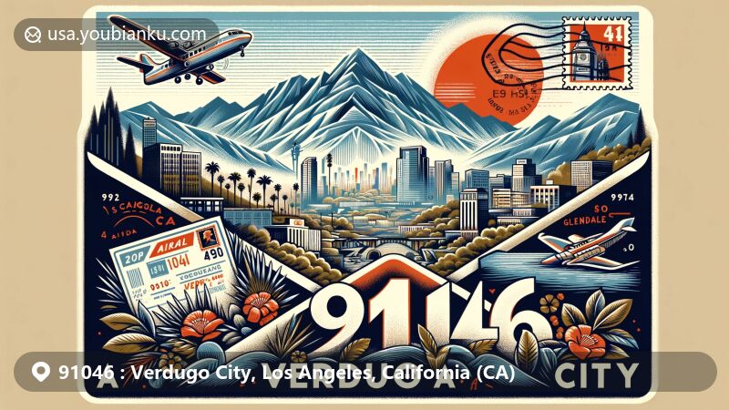 Vivid illustration of Verdugo City, Los Angeles County, California, inspired by ZIP code 91046, combining regional landscapes like Verdugo Mountains and iconic postal elements.