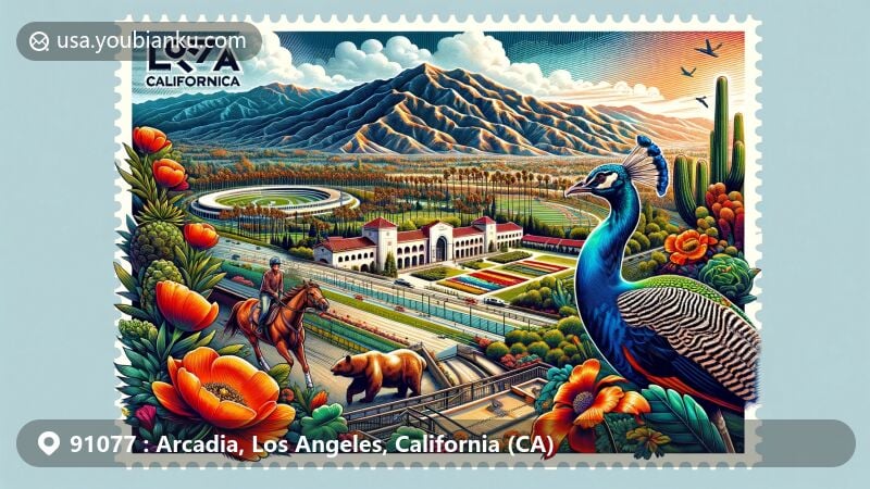 Creative illustration of Arcadia, Los Angeles County, CA, with San Gabriel Mountains backdrop, Los Angeles County Arboretum, Santa Anita Park racetrack, and California state symbols, all framed within vintage air mail envelope.
