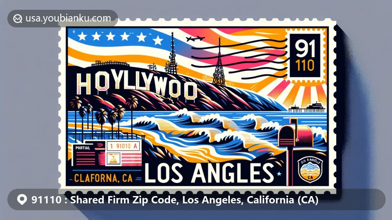 Modern illustration of Los Angeles, California, featuring Hollywood Sign, Santa Monica Pier, and California state flag, with a postmark of ZIP Code 91110 and mailbox icon.
