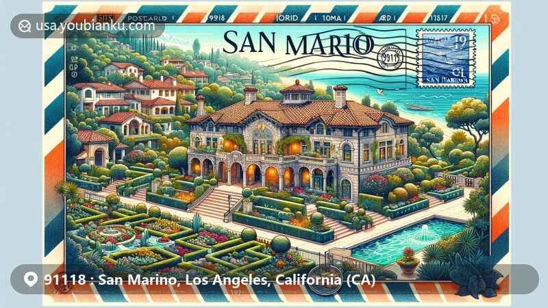 Modern illustration of San Marino, Los Angeles County, California, featuring ZIP code 91118, showcasing luxurious residential character and The Huntington Library, Art Museum, and Botanical Gardens.