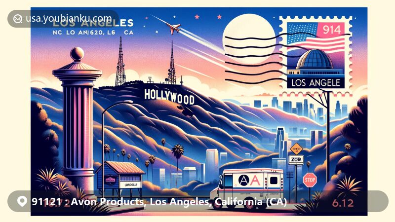 Modern illustration of Los Angeles, California, featuring the Hollywood Sign and Griffith Observatory in a postcard format with postal theme, showcasing ZIP Code 91121 and iconic American mail elements.