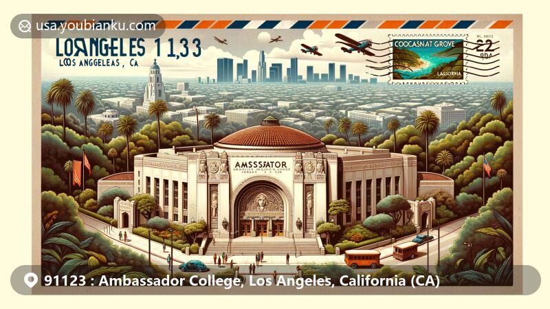 Modern illustration of Ambassador College in Los Angeles, California, showcasing historic landmarks and postal theme with 91123 ZIP code, featuring Ambassador Auditorium and Hollywood Sign.