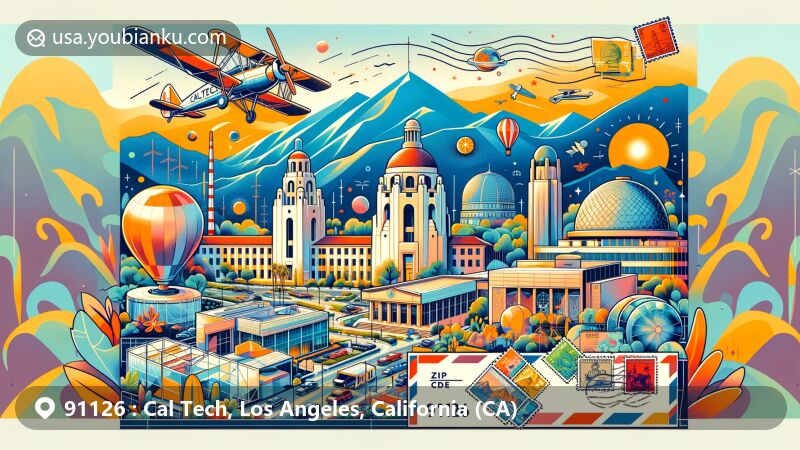 Modern illustration of ZIP code 91126 area in Pasadena, California, featuring Caltech, San Gabriel mountains, and Rose Bowl, blending iconic buildings with natural beauty and urban highlights.