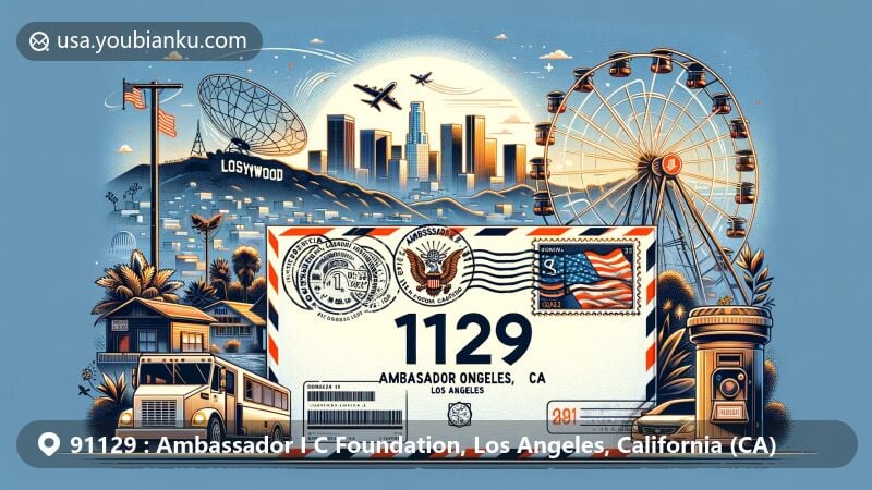 Modern illustration of Los Angeles area with ZIP code 91129, showcasing city skyline with Hollywood Sign, Griffith Observatory, and Santa Monica Pier. Airmail envelope labeled '91129 Ambassador I C Foundation, Los Angeles, CA' with stylized postmark. Decorative stamp representing LA or California, with USPS mailbox and mail truck icons.