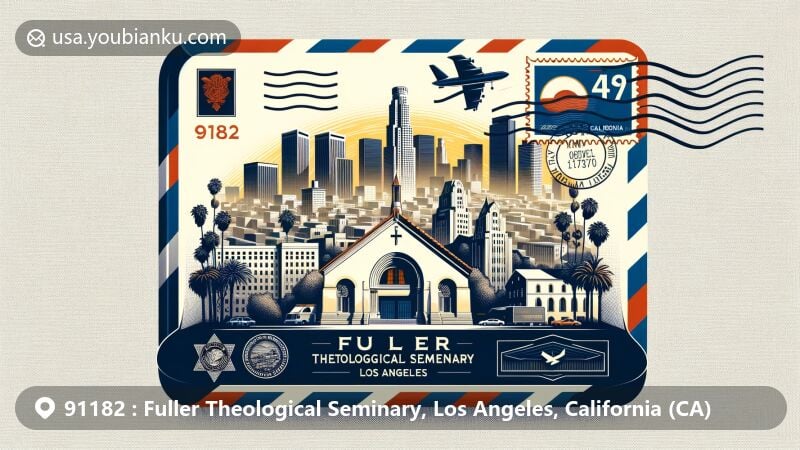Modern illustration of Fuller Theological Seminary in Los Angeles, California, highlighting postal code 91182, blending California state flag and iconic landmarks like the Hollywood Sign, featuring Fuller Seminary elements within an air mail envelope with stamp and postmark.