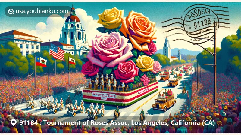 Modern illustration of the Tournament of Roses Parade in Los Angeles, California's 91184 ZIP code area, featuring vibrant rose-decorated floats, enthusiastic spectators, California state flag, and Pasadena landmarks.