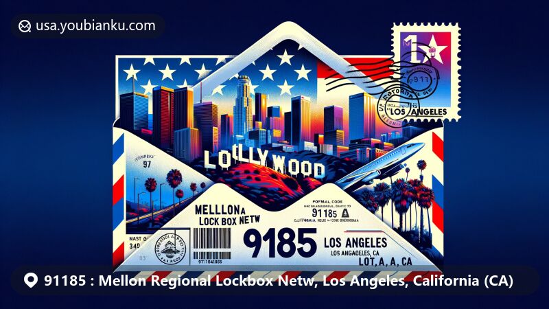 Modern illustration of ZIP code 91185, Mellon Regional Lockbox Netw, Los Angeles, California, featuring a creative airmail envelope with Hollywood sign, downtown skyline, and California state flag motif.