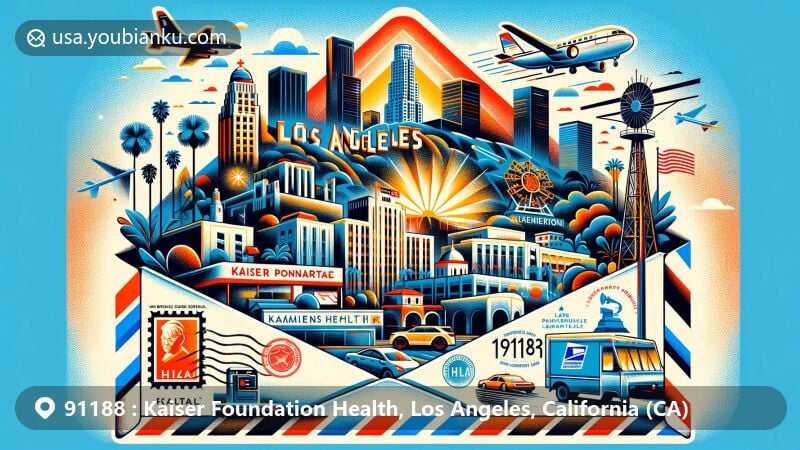 Modern illustration of Los Angeles, California, focusing on Kaiser Foundation Health area with airmail envelope, Hollywood Sign, Griffith Observatory, and skyline. Includes postal elements like Kaiser Permanente Medical Center stamp, '91188' ZIP code, mail truck, and mailbox.