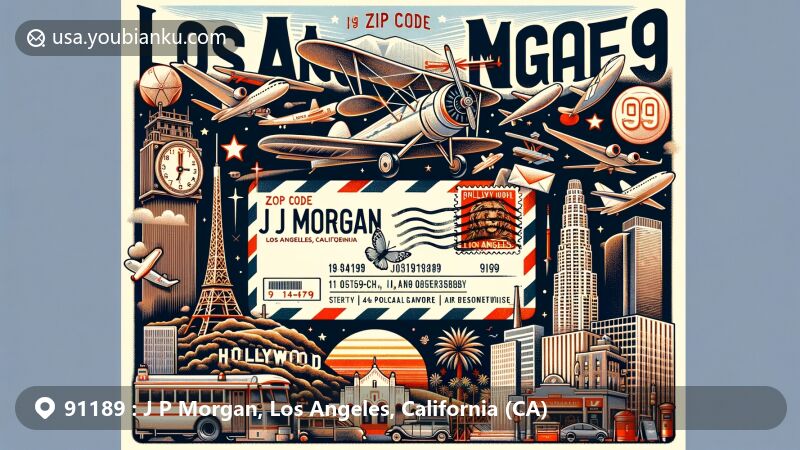 Illustration of J P Morgan in Los Angeles, California, featuring iconic landmarks like the Hollywood Sign, Griffith Observatory, Santa Monica Pier, Korean Friendship Bell, and Bradbury Building, all integrated around a vintage aviation envelope with postal theme.