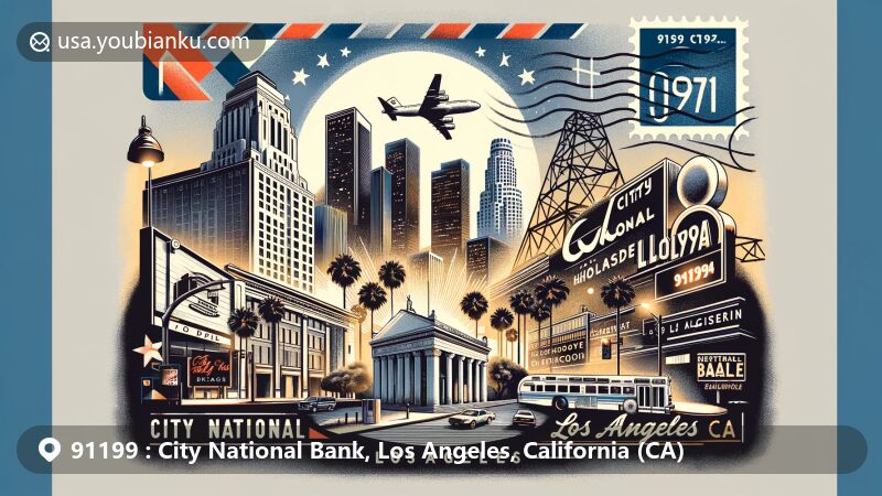 Modern illustration of City National Bank's location in Los Angeles with ZIP code 91199, showcasing iconic buildings and postal elements, including City National Plaza, Hollywood sign, Griffith Observatory, vintage postcard, stamps, and postmark.