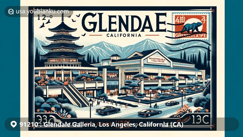 Modern illustration of Glendale, California, zip code 91210, featuring Glendale Galleria, Americana at Brand, Whispering Pine Tea House and Friendship Garden, with the Verdugo Mountains in the background.