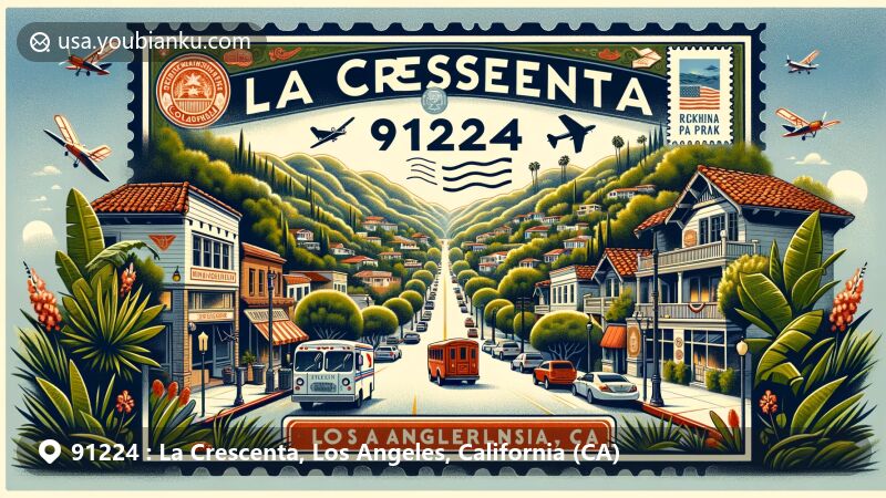 Illustration of ZIP code 91224, showcasing La Crescenta in Los Angeles County, California, with Honolulu Avenue's small-town charm and Hollywood connections; Deukmejian Wilderness Park's scenic beauty and trails; Rockhaven Historic District's local heritage; and vintage postal elements like postcards, stamps, and airmail features.