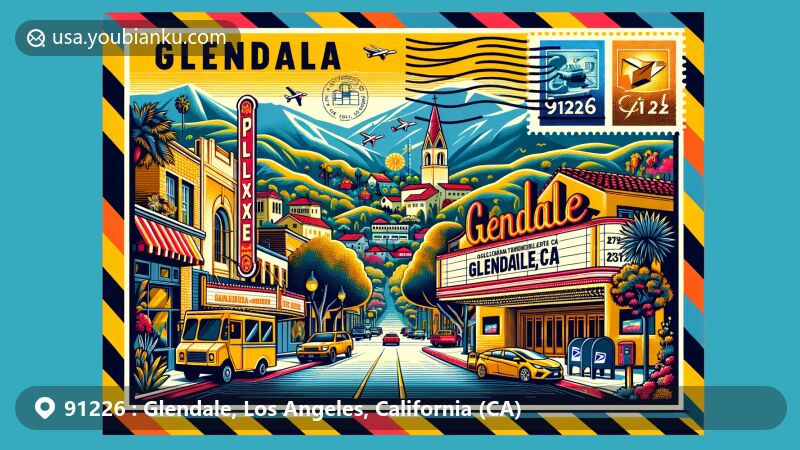 Vibrant illustration of Glendale, California, featuring ZIP code 91226, showcasing modern postal theme with stamps and postmark, highlighting landmarks like the Verdugo Mountains, Alex Theatre, Casa Adobe de San Rafael, and Catalina Verdugo Adobe.