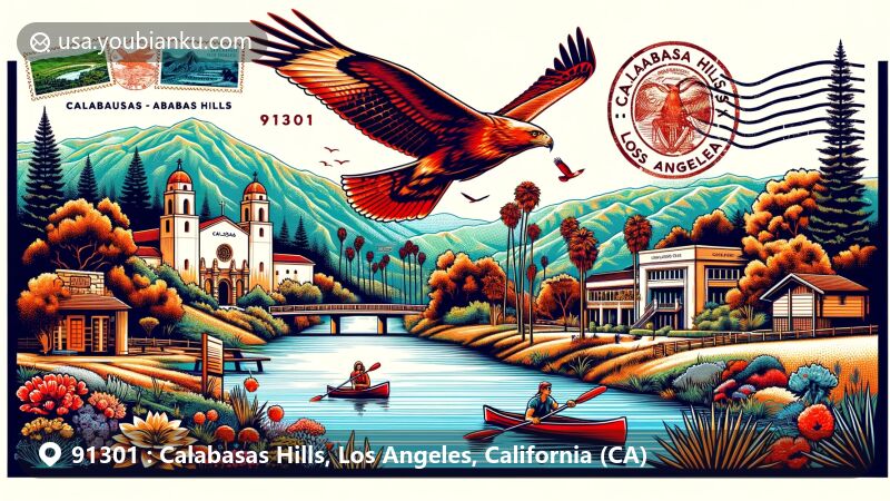 Modern illustration of Calabasas Hills, Los Angeles, California, showcasing iconic landmarks and natural beauty with red-tailed hawk, Leonis Adobe Museum, Calabasas Community Center, and Calabasas Creek Park.