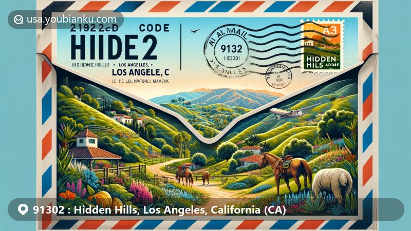 Illustration of Hidden Hills, Los Angeles, California, with air mail envelope design featuring lush greenery, equestrian trails, and country lifestyle, set against Santa Monica Mountains backdrop. Flap reveals rural scene with horses, llamas, cows, absence of sidewalks, and presence of Leonis Adobe National Historic Landmark. ZIP code 91302 and 'Hidden Hills, CA' displayed.