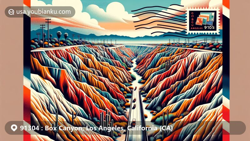 Modern illustration of Box Canyon, Los Angeles, California, with postal elements including stamps, postmark, and ZIP code 91304, blending natural beauty with urban postal theme.