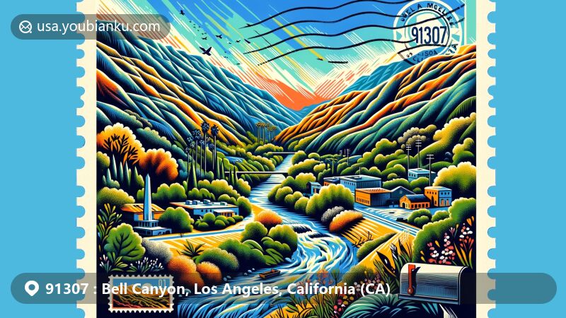 Modern illustration of Bell Canyon, Los Angeles, California, highlighting natural beauty, cultural history, and postal theme with ZIP code 91307.