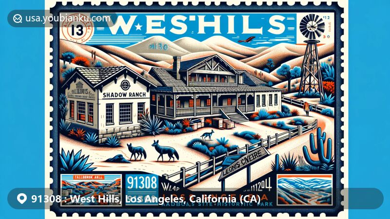 Modern illustration of West Hills, Los Angeles, California, showcasing ZIP code 91308, featuring historic Shadow Ranch and Leonis Adobe, with local wildlife from Santa Susana Pass State Historic Park, and Fallbrook Center.
