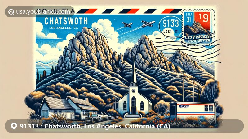 Modern illustration of Chatsworth, Los Angeles, California, inspired by ZIP code 91313, featuring Garden of the Gods and Stoney Point rock formations, Pioneer Church, and vintage postal elements.