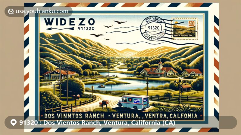 Modern illustration of Dos Vientos Ranch, Ventura, California, showcasing local and postal themes with Twin Ponds, Santa Monica Mountains backdrop, rolling hills, and postal elements like vintage air mail envelope, postage stamp, postal truck, and mailbox.