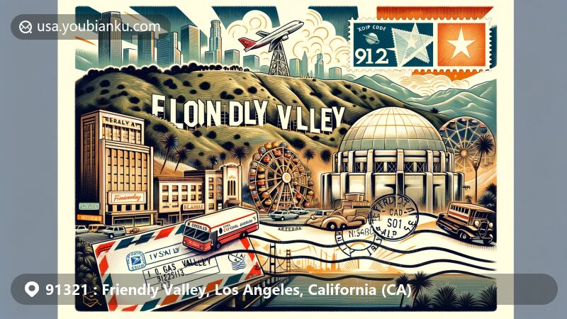 Modern illustration of Friendly Valley, Los Angeles, California, incorporating ZIP code 91321, juxtaposing iconic landmarks like Hollywood Sign, Griffith Observatory, and Santa Monica Pier with vintage postal elements.