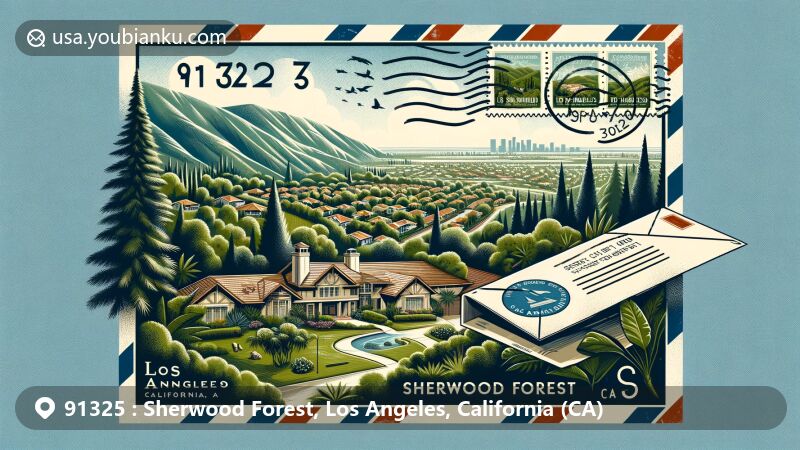 Modern illustration of Sherwood Forest, Los Angeles, California, featuring scenic residential neighborhood with lush greenery, estates, and iconic California symbols, integrating postal theme with vintage airmail envelope, stamp with ZIP code 91325, and postmark.
