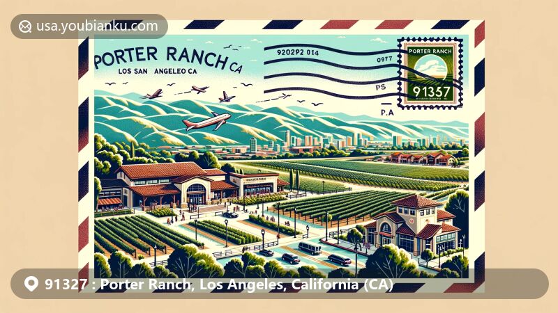 Modern illustration of Porter Ranch, Los Angeles, California, featuring The Vineyards at Porter Ranch mixed-use development with cinema, grocery, retail stores, restaurants, and community building, against the backdrop of San Fernando Valley's hilly northwest tip.