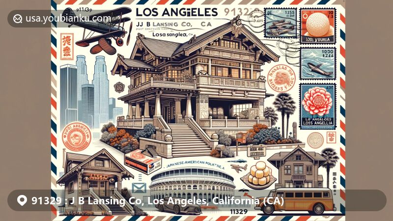 Modern illustration of J B Lansing Co area, Los Angeles, California, featuring iconic landmarks like Hollyhock House and Bradbury Building, showcasing traditional Japanese-American sweets and sports venues like Los Angeles Memorial Coliseum and Rose Bowl.
