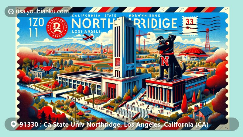 Modern illustration of CSUN and the 91330 ZIP code area in Northridge, Los Angeles, featuring California State University, Northridge, with its iconic red and black colors, students, and educational vibe, alongside nods to Northridge's history and modern postal theme.