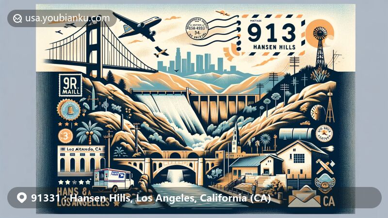 Modern illustration of Hansen Hills, Los Angeles, California, featuring iconic Hansen Dam and postal motifs representing ZIP code 91331, with elements reflecting regional characteristics and postal themes.