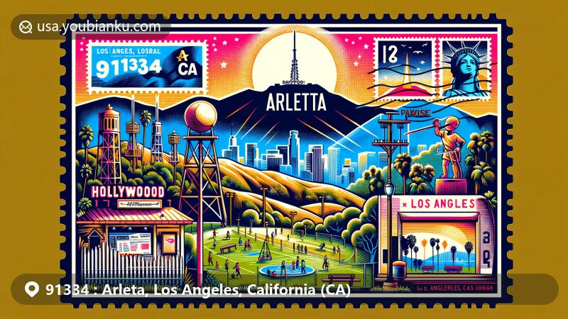 Modern illustration of Arleta, Los Angeles, California, blending postal theme with iconic landmarks like Hollywood Sign and Griffith Observatory, capturing vibrant community spirit and family-friendly atmosphere, showcasing Branford Park.