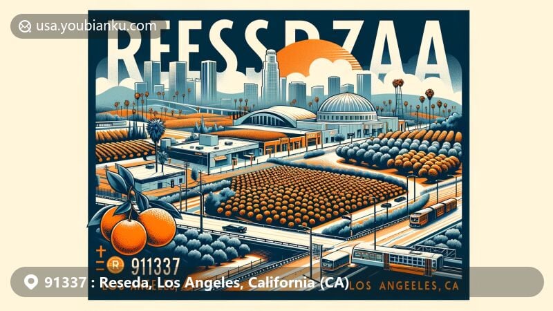 Modern illustration of Reseda, Los Angeles, California, featuring postal theme with ZIP code 91337, showcasing orange groves and landmarks like Reseda Theatre and G Line Reseda station.