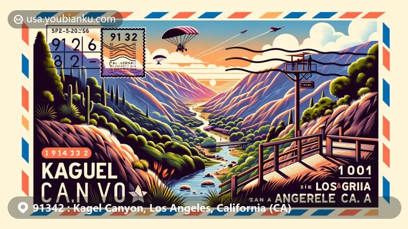 Modern illustration of Kagel Canyon, California, showcasing natural beauty and recreational activities, integrating rugged terrain of the San Gabriel Mountains foothills, picturesque Kagel Mountain Trail, and Kagel Canyon Park, with postal elements like stylized stamp with California outline, '91342 Kagel Canyon, CA' postmark, and top border airmail stripes. Illustration style is distinctly modern, suitable for web graphics, capturing outdoor charm of Kagel Canyon and community's link to Angeles National Forest, guiding viewer's gaze through natural landscape, featuring hikers on trail and distant paragliding, referencing popular activities in the area. Design is crisp and inviting, appealing to residents and visitors of ZIP code 91342.